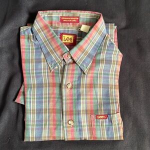 Vintage, Lee, plaid, polyester and cotton men’s medium button-down dress shirt.